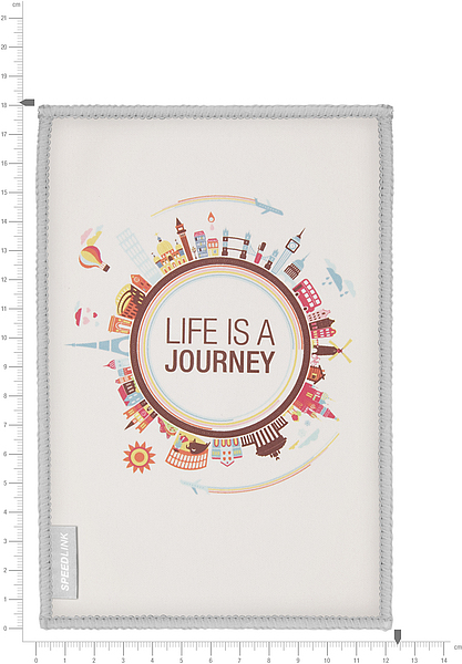 Rechteckiges Mauspad von Speedlink mit farbigem Städten-Motiv und dem Spruch 'Life is a Journey' in der Mitte