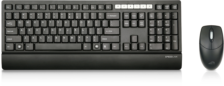 Abbildung eines schwarzen kabellosen Tastatur- und Maus-Sets von SPEEDLINK mit ergonomischer Handballenauflage