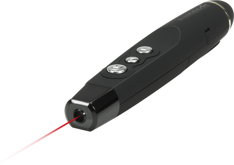 Schwarzer Presenter mit rotem Laserpointer und drei Funktionstasten für Präsentationen