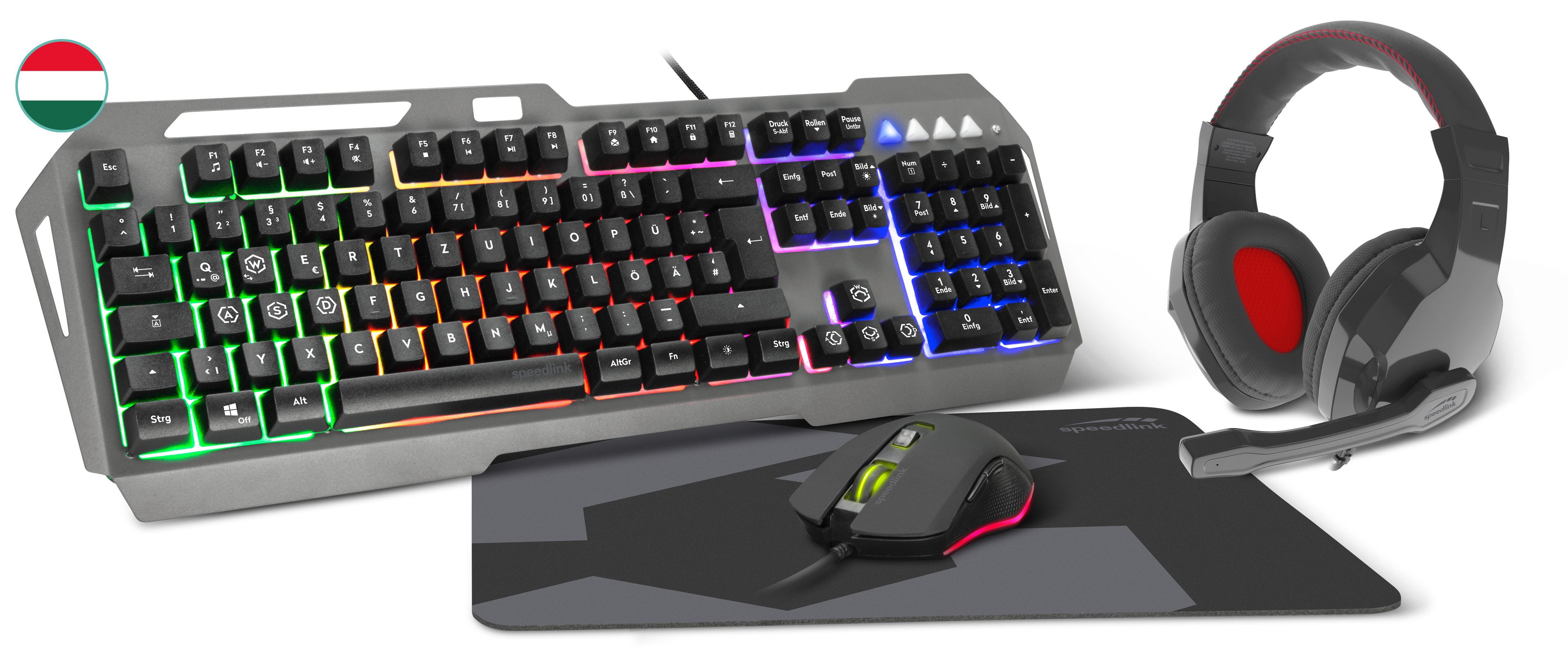 Komplettes PC-Gaming-Set bestehend aus beleuchteter Tastatur mit ungarischem Layout, Maus, Mauspad und Headset