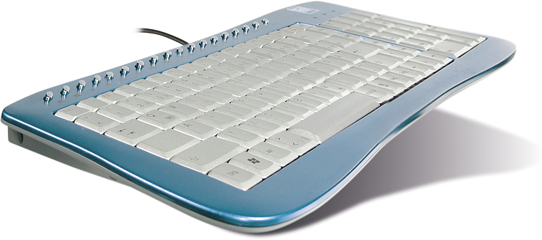 Flache, ergonomisch geformte Computertastatur in Blau-Silber mit vielen Funktionstasten