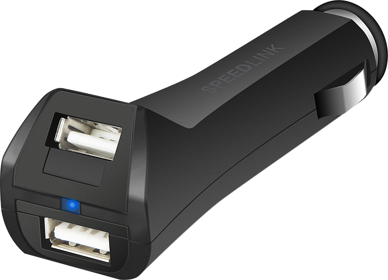 Schwarzes USB-Autoladegerät mit zwei USB-Ports für den Zigarettenanzünder, geeignet zum Laden mobiler Geräte im Auto