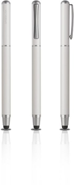 Drei silberne Touchpens mit Clip für Tablets und Smartphones, von vorne und von der Seite abgebildet