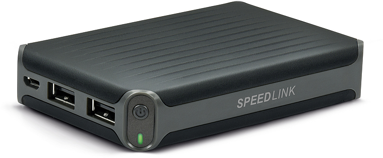 SPEEDLINK Powerbank, tragbares Ladegerät mit mehreren USB-Anschlüssen und Ein-/Ausschalter, schwarz-grau
