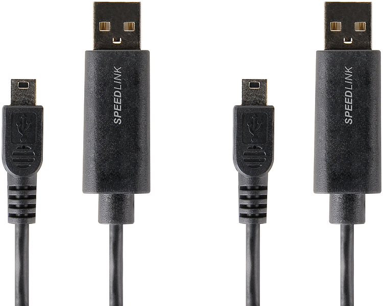 Zwei schwarze SPEEDLINK USB-auf-Mini-USB-Kabel nebeneinander zur Datenübertragung und zum Laden von elektronischen Geräten