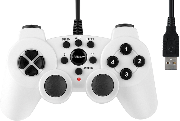 Weißer Speedlink USB-Controller mit ergonomischem Design, Tasten, Steuerkreuz und zwei Analog-Sticks für Computer