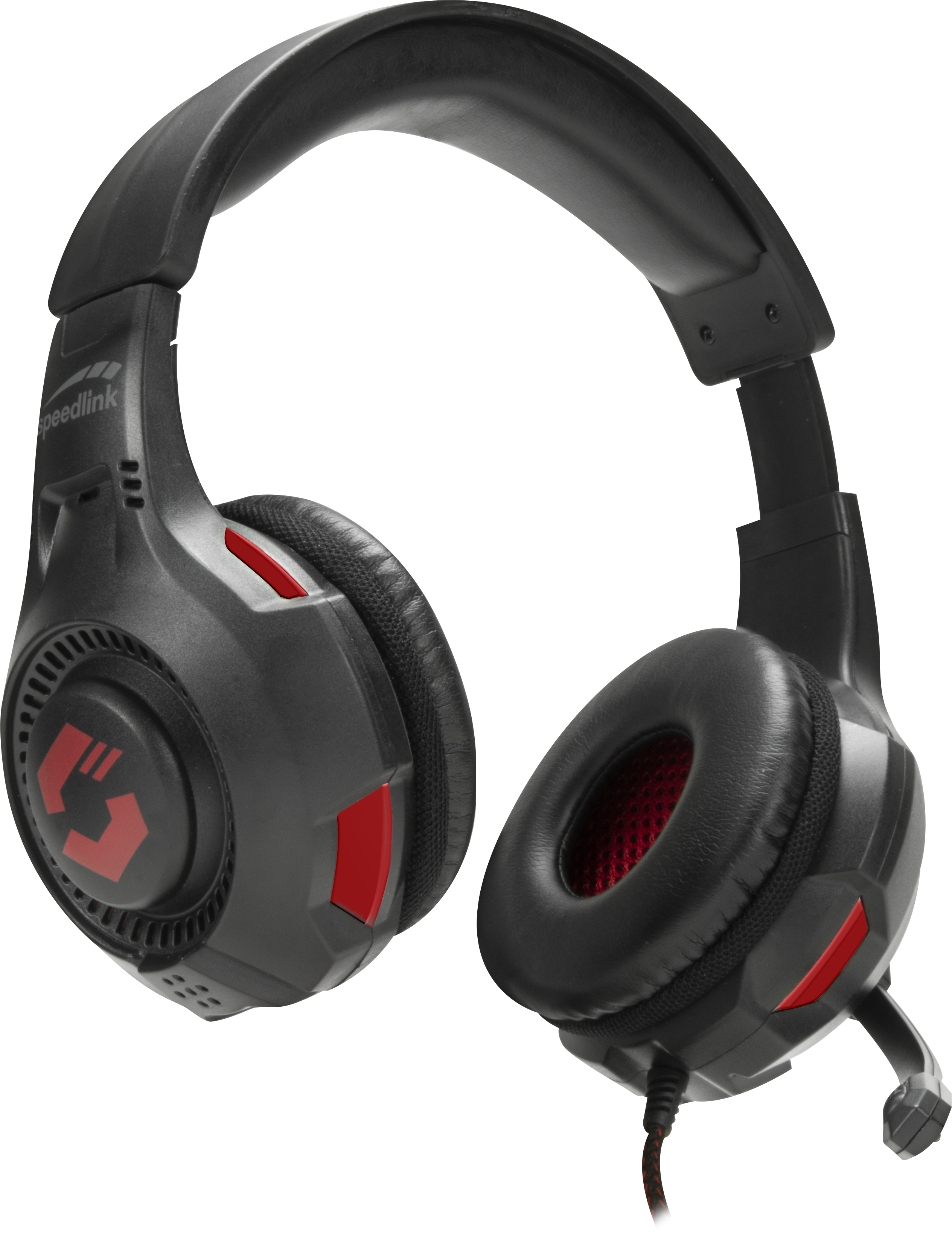 Abgebildet ist ein schwarzes kabelgebundenes Gaming-Headset von Speedlink mit roten Akzenten und Mikrofonarm