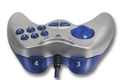 Silber-blauer kabelgebundener Gamecontroller mit mehreren Tasten und Steuerkreuz