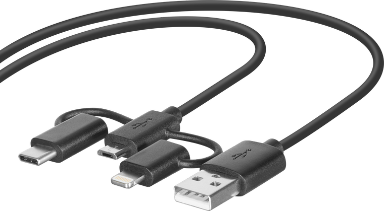 Schwarzes 3-in-1 Ladekabel mit USB-A, Micro-USB, USB-C und Lightning Stecker