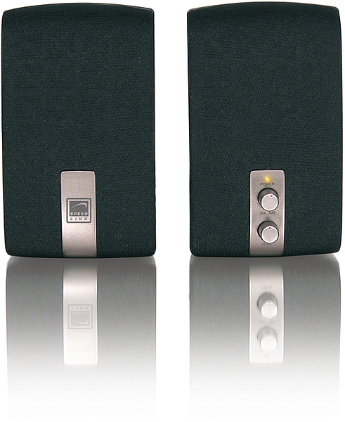 Zwei schwarze Speedlink Stereo-Lautsprecher mit silberner Front, Lautstärkeregler und Power-Anzeige, nebeneinander aufgestellt