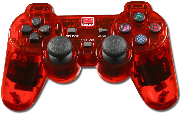 Abgebildet ist ein roter, transparenter Speedlink Gamecontroller mit sämtlichen Tasten und Analog-Sticks für PlayStation und PC.