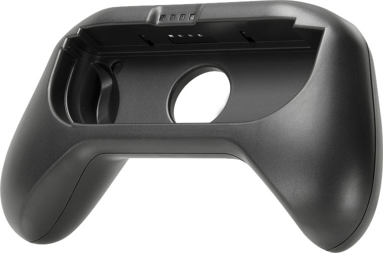 Abbildung eines schwarzen Griffstücks für Nintendo Switch Joy-Con Controller, Rückseite sichtbar