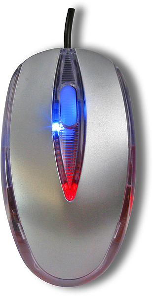 Obenansicht einer silbernen, optischen USB-Maus mit blau-roter LED-Beleuchtung und Scrollrad