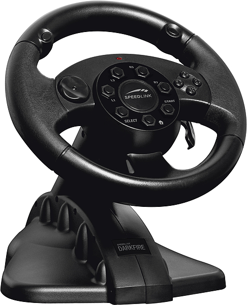 Schwarzes Speedlink DARKFIRE Gaming-Lenkrad mit Bedienelementen für PC und Konsole, geeignet für Rennspiele