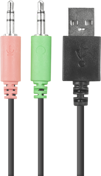 USB-Anschluss mit grünem 3,5mm Kopfhörerstecker und rotem 3,5mm Mikrofonstecker, Audio-Adapterkabel