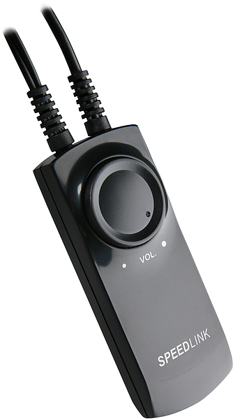 Schwarzer SPEEDLINK Lautstärkeregler mit zwei Kabelanschlüssen und großem Lautstärkedrehknopf