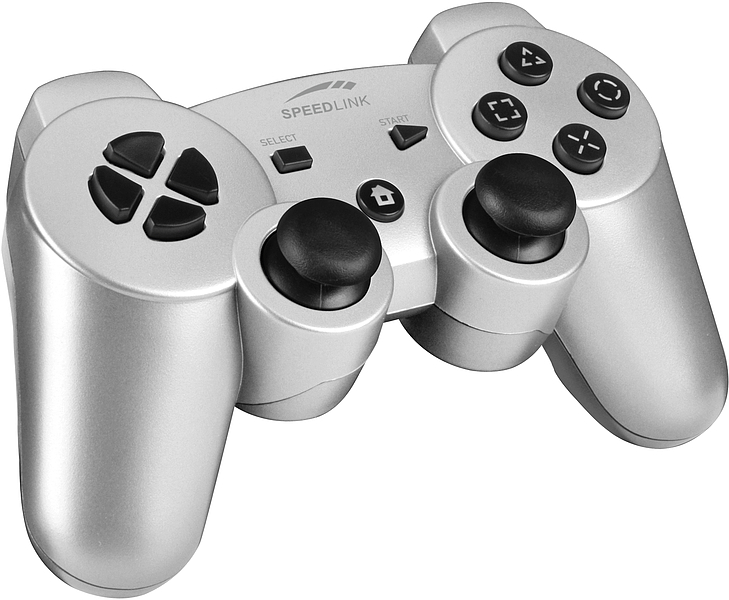 Abbildung eines silbernen SPEEDLINK Gamepads mit zwei Joysticks und klassischen Bedientasten