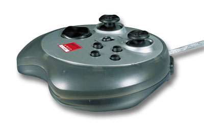 Silbernes, durchsichtiges Gamepad mit Steuerknöpfen und zwei Joysticks, geeignet für Computerspiele