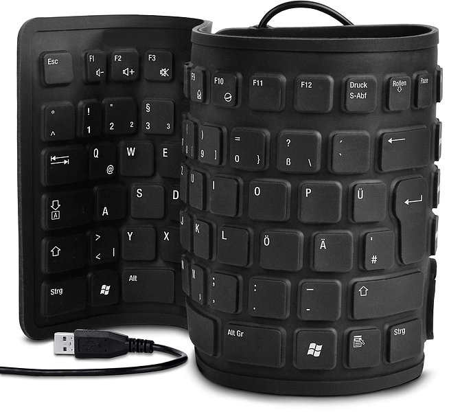 Schwarze, flexible Silikon-Tastatur mit deutschem Layout, aufgerollt und ausgebreitet mit USB-Kabel