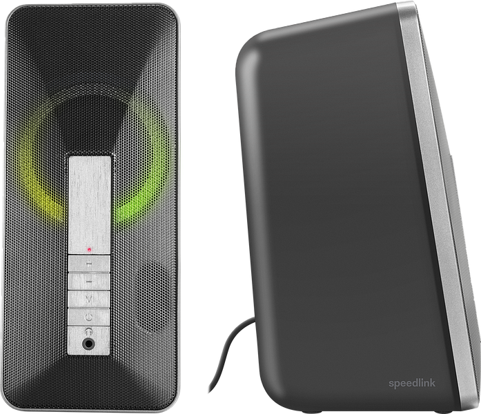 Modernes speedlink Lautsprecher-Set in Schwarz mit silbernen Bedientasten, grüner LED-Anzeige und seitlicher Kabelansicht