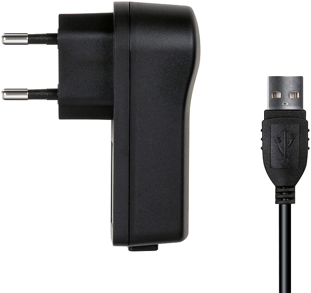 Abgebildet ist ein schwarzes USB-Ladegerät mit Eurostecker und einem USB-A Kabel für elektronische Geräte
