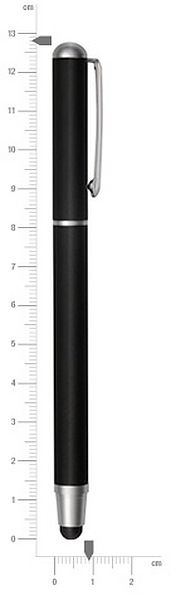 Schwarzer Eingabestift mit Clip, ca. 13 cm lang, aufrecht neben einem Zentimetermaß platziert