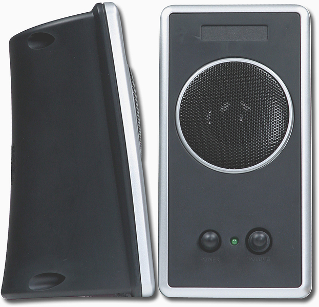 Zwei kompakte schwarze Computerlautsprecher, einer von vorne mit Lautstärkeregler und einer von der Seite zu sehen