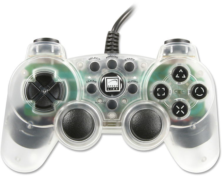 Transparenter kabelgebundener Speedlink USB-Gamecontroller mit mehrfach belegbaren Tasten und zwei Analogsticks, ideal für PC-Gaming