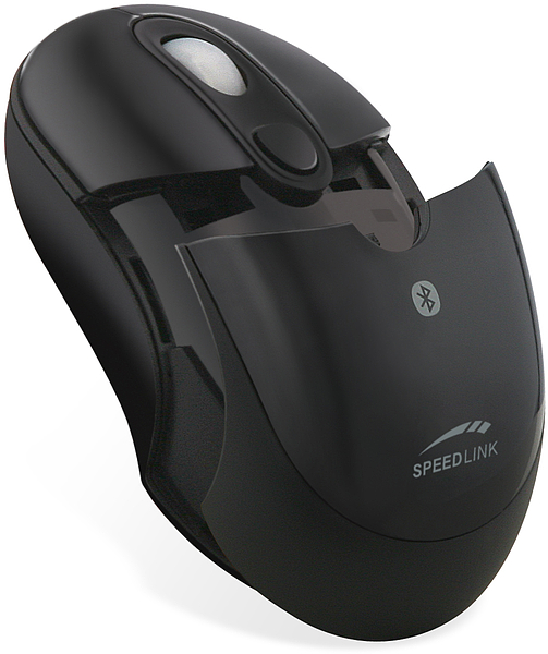 Abgebildet ist eine schwarze, ergonomische SPEEDLINK Bluetooth-Maus mit geöffnetem Batteriefach und sichtbarem Innenleben.