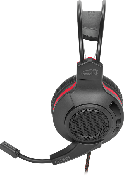 Abgebildet ist ein Speedlink CELOR Gaming-Headset in Schwarz mit roten Akzenten und ausklappbarem Mikrofon
