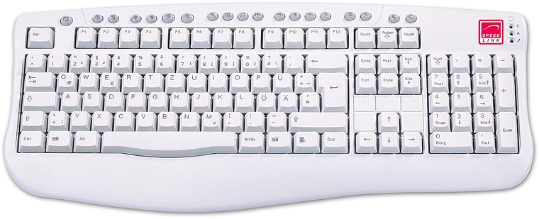 Weiße Speedlink Tastatur mit deutschem QWERTZ-Layout, numerischem Tastenfeld und zusätzlichen Funktionstasten