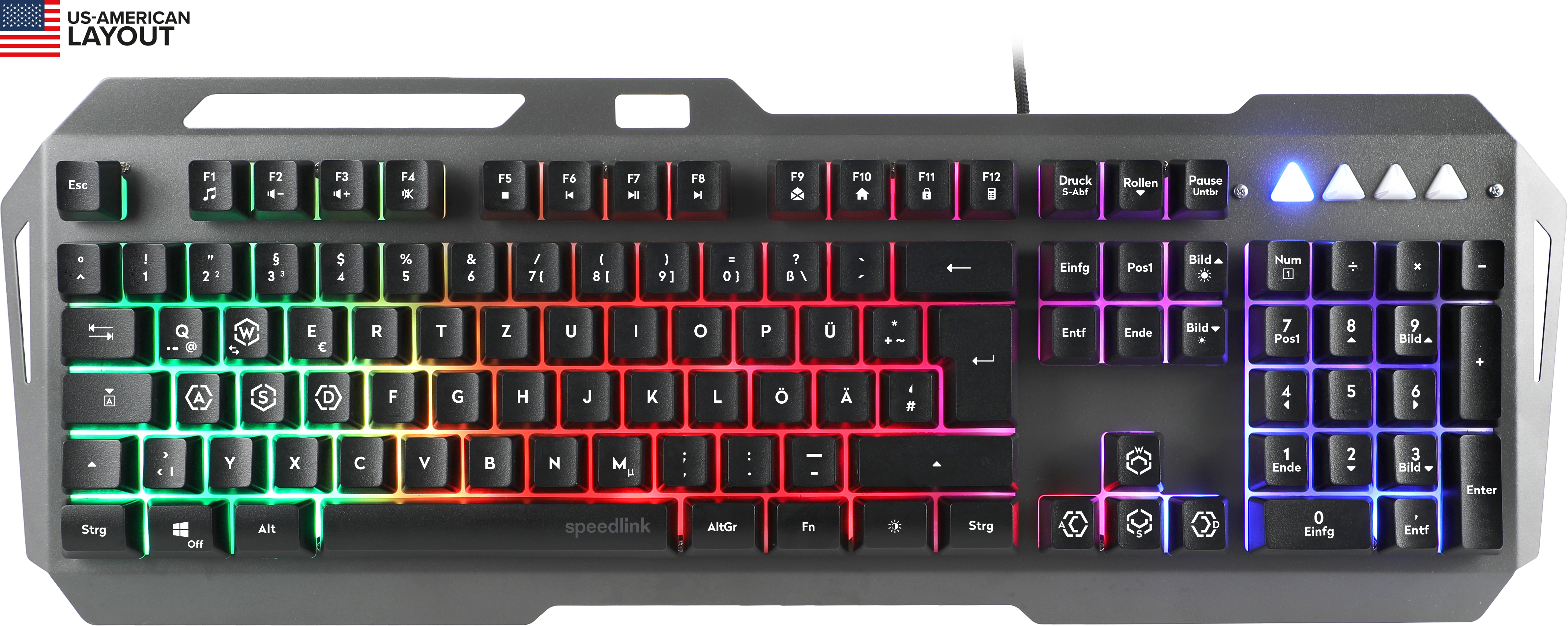 Beleuchtete mechanische Speedlink Gaming-Tastatur mit US-Layout und farbiger Hintergrundbeleuchtung