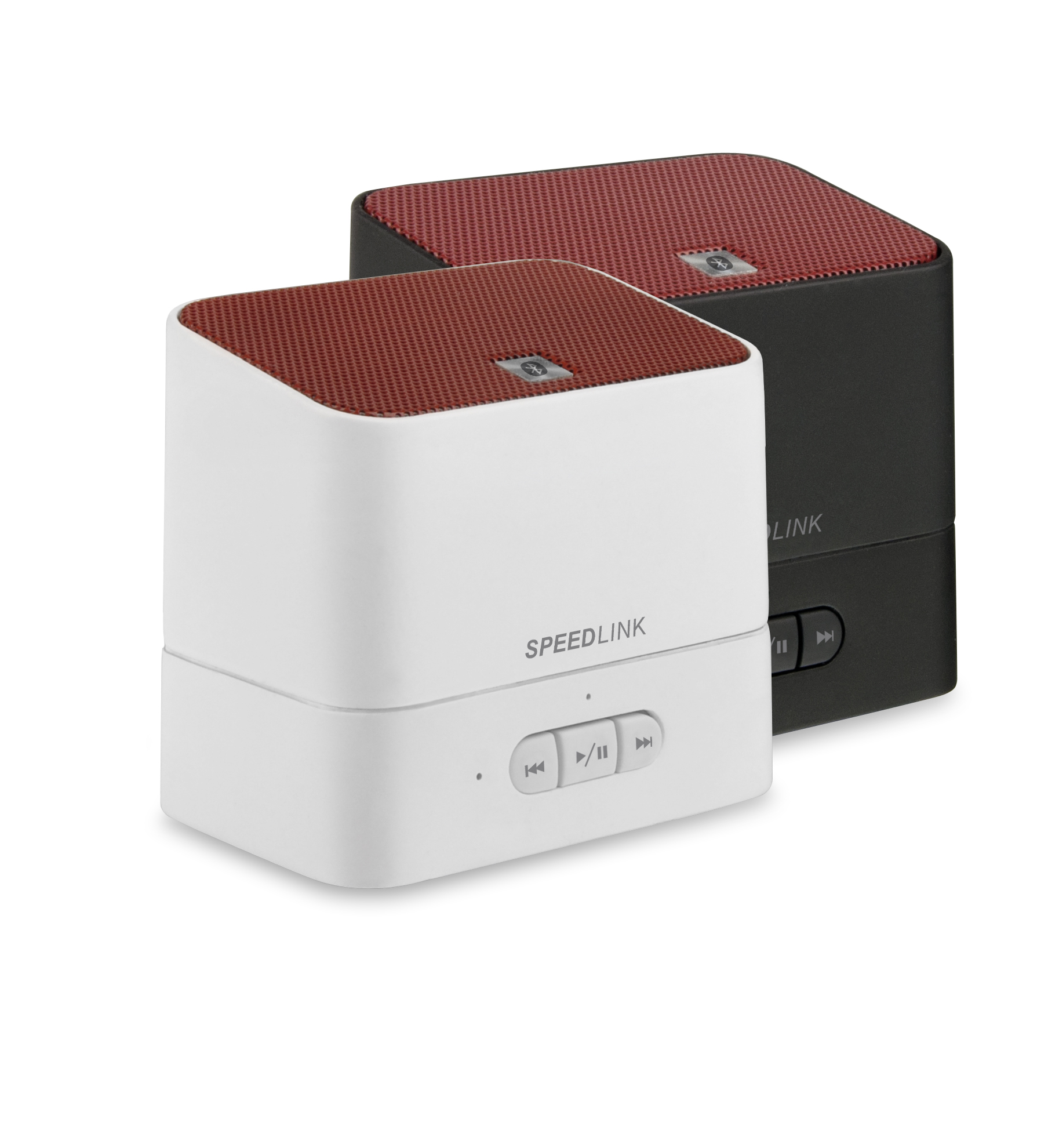 Zwei kompakte SPEEDLINK Bluetooth Lautsprecher, einer in Weiß und einer in Schwarz, beide mit roten Lautsprechergittern und Bedientasten
