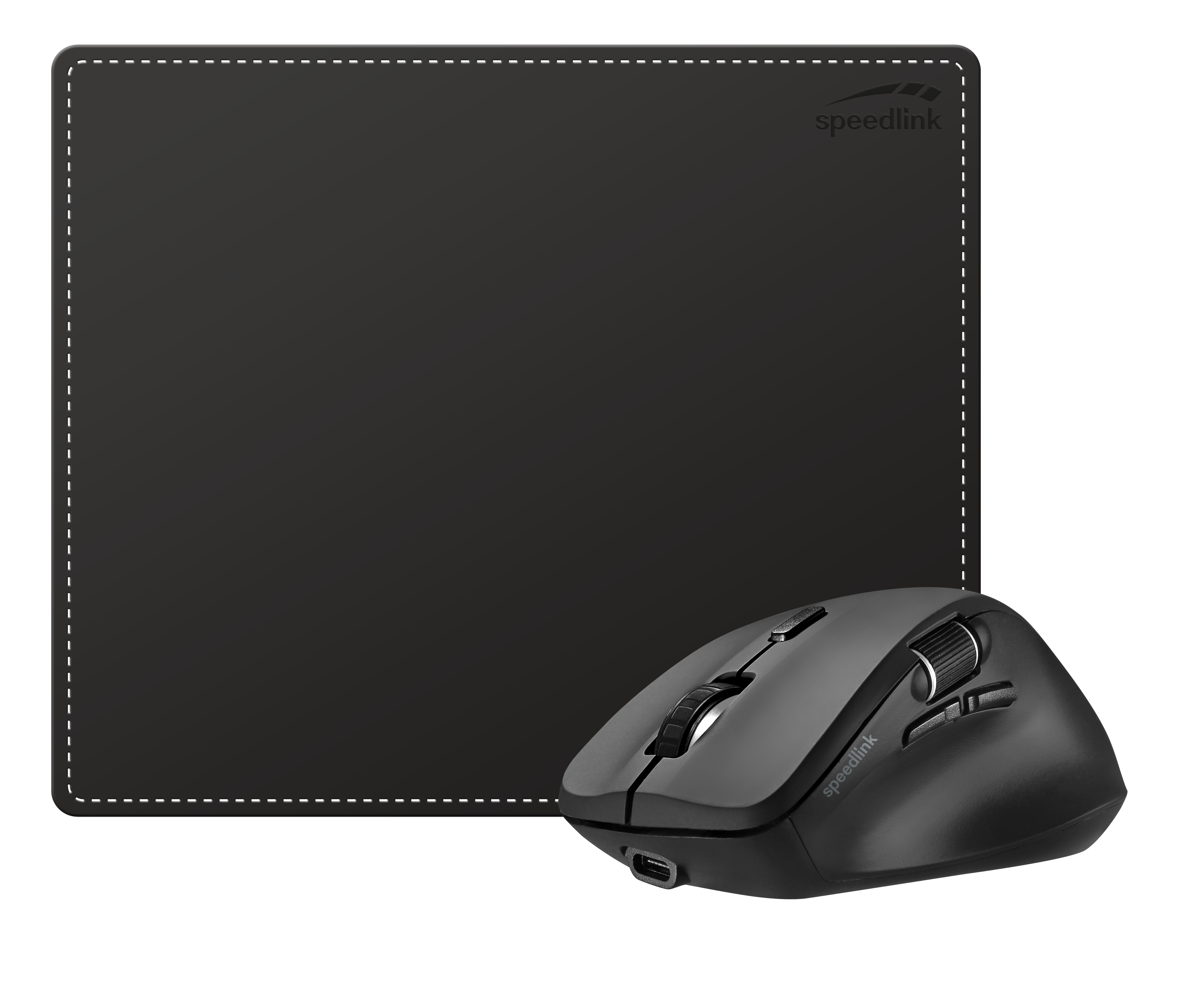 Kabellose Speedlink Maus vor schwarzem Speedlink Mauspad, ideal für präzises Arbeiten am Computer