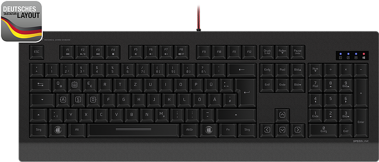Schwarze Speedlink Tastatur mit deutschem QWERTZ-Layout und Nummernblock, Ansicht von oben