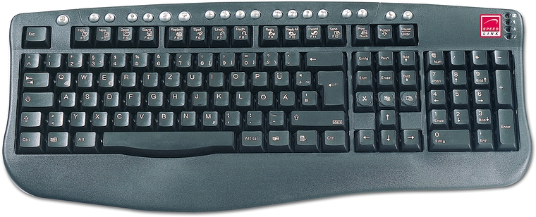 Schwarze Speedlink Multimedia-Tastatur mit deutschem QWERTZ-Layout und Funktionstasten für PC