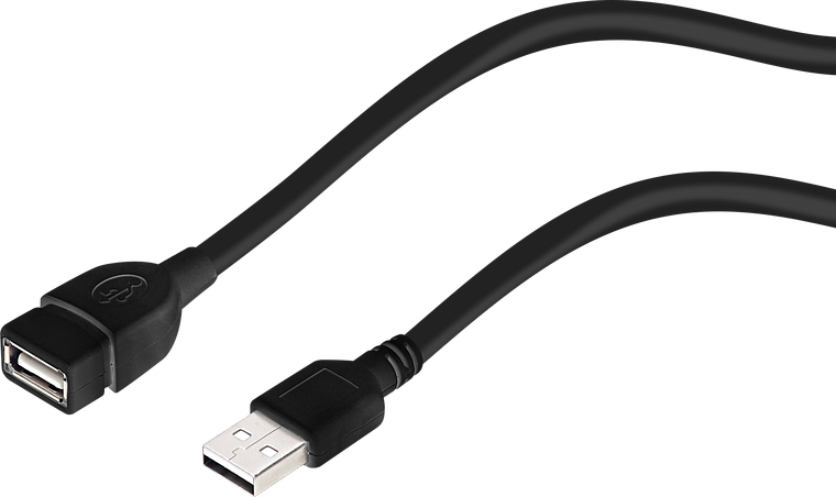 Schwarzes USB-Verlängerungskabel mit einem USB-A-Stecker und einer USB-A-Buchse, geeignet zum Verbinden von Geräten