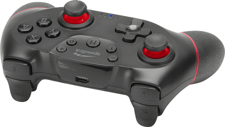 Schwarzer kabelloser Gamecontroller von Speedlink mit roten Akzenten, geeignet für Nintendo Switch und PC