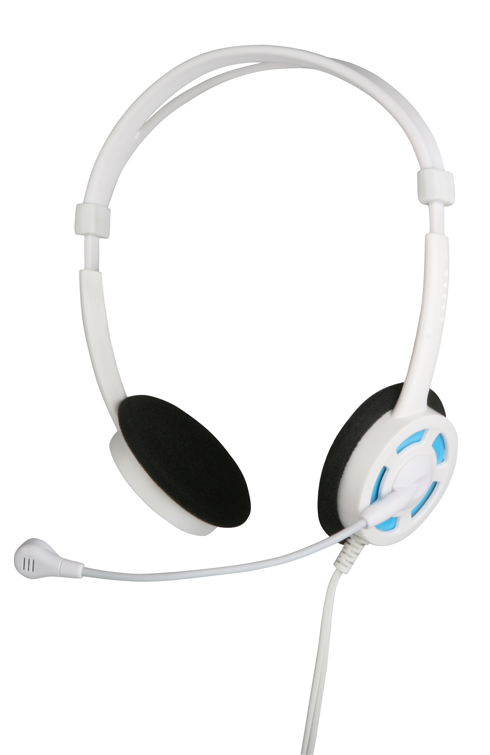 Weißes Headset mit schwarzem Ohrpolster und Mikrofon, ideal für Online-Meetings oder Gaming