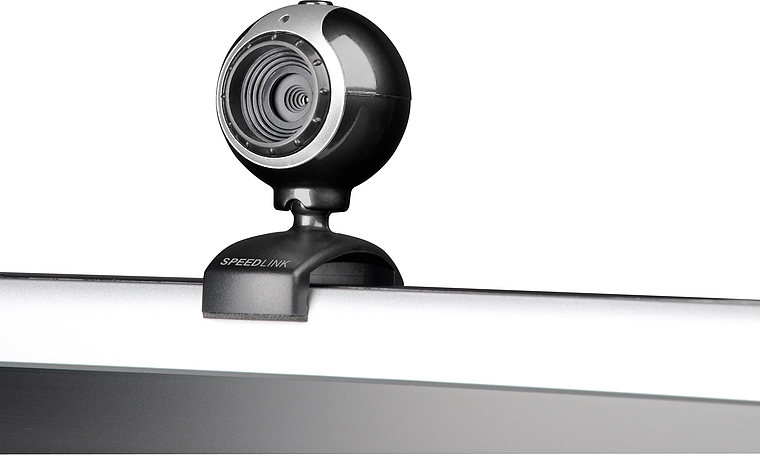 Schwarze SPEEDLINK Webcam in Kugelform, auf einem Monitor befestigt, ideal für Videochats und Online-Kommunikation