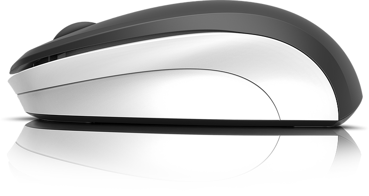 Seitenansicht einer eleganten, kabellosen Computermaus in Schwarz und Weiß, reflektiert auf einer glänzenden Oberfläche