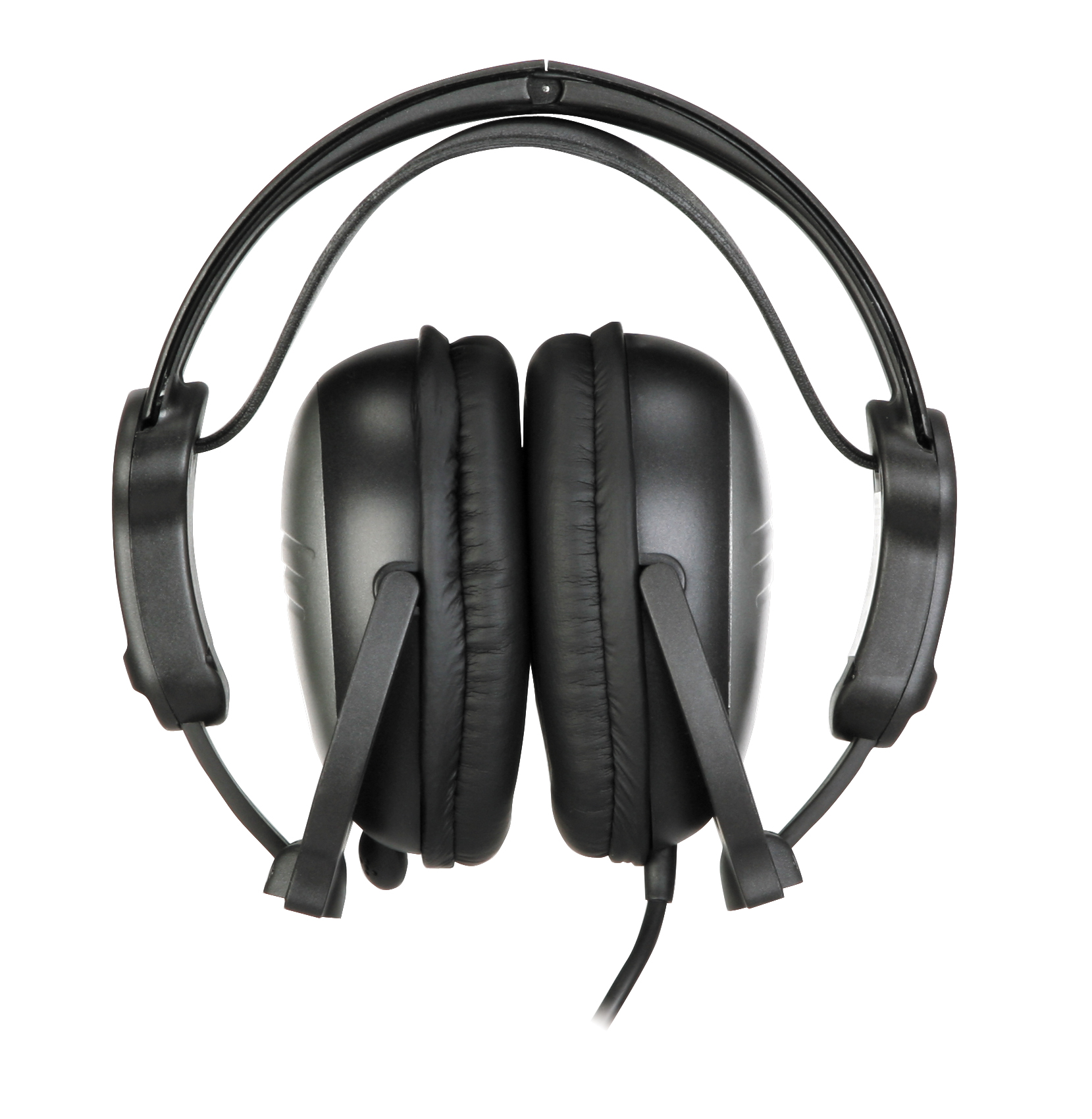 Frontansicht eines schwarzen Over-Ear-Kopfhörers mit Kabel, ideal zum Musik hören oder für Gaming