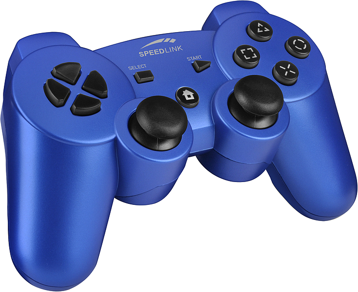 Blauer SPEEDLINK Gamecontroller mit ergonomischem Design, zwei Analogsticks und klassischen Tasten
