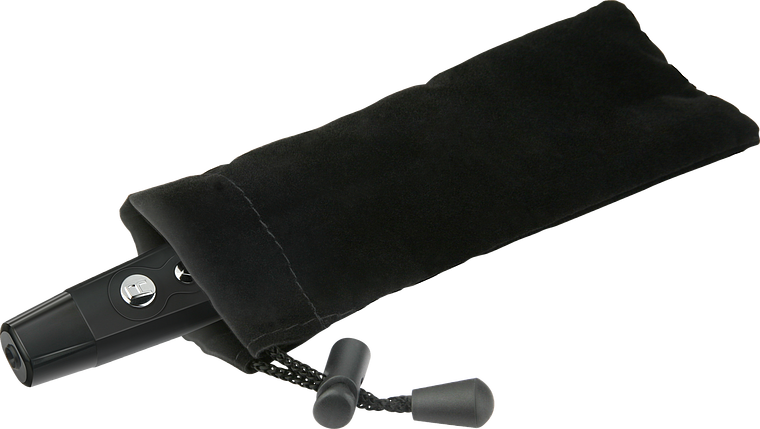 Kompakter schwarzer Regenschirm teilweise in einer schwarzen Stoffhülle mit Kordelzug