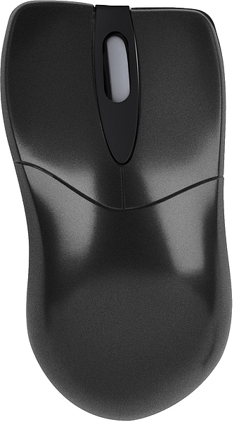 Schwarze kabellose Computermaus mit ergonomischer Form, von oben gesehen