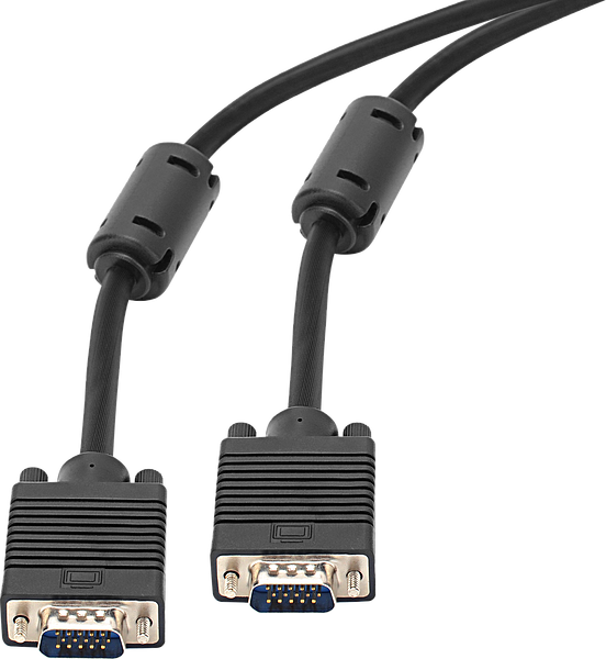 Schwarzes VGA Kabel mit zwei Steckern und Ferritkernen, geeignet für Monitor- und Computeranschlüsse