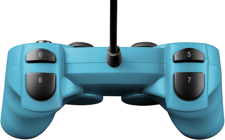 Rückansicht eines blauen kabelgebundenen Gamecontrollers mit vier nummerierten Tasten
