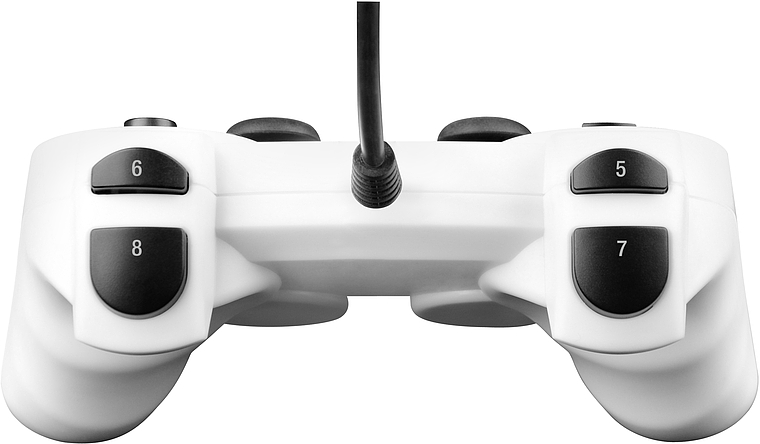 Rückansicht eines weißen kabelgebundenen Gamepads mit schwarzen Schultertasten und Auslösern, deutlich sichtbares Anschlusskabel