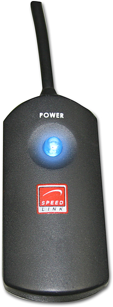 Schwarzer SPEED LINK USB-Adapter mit blau leuchtender Power-LED und sichtbarem Logo