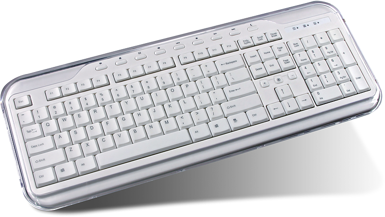 Abgebildet ist eine weiße PC-Tastatur mit zusätzlichen Funktionstasten für Multimedia und modernem Gehäuse.